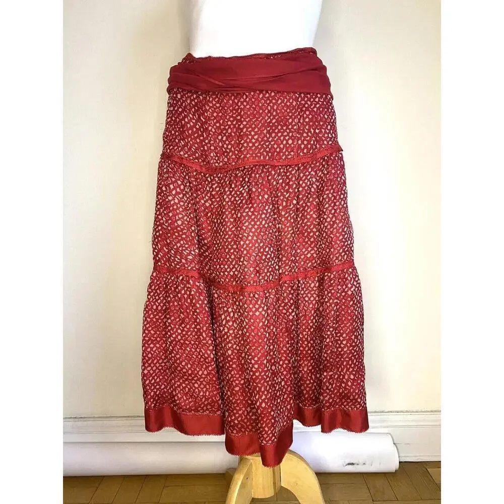 LOUIS VUITTON Below Knee Red Silk Skirt With Belt Rare FR-38